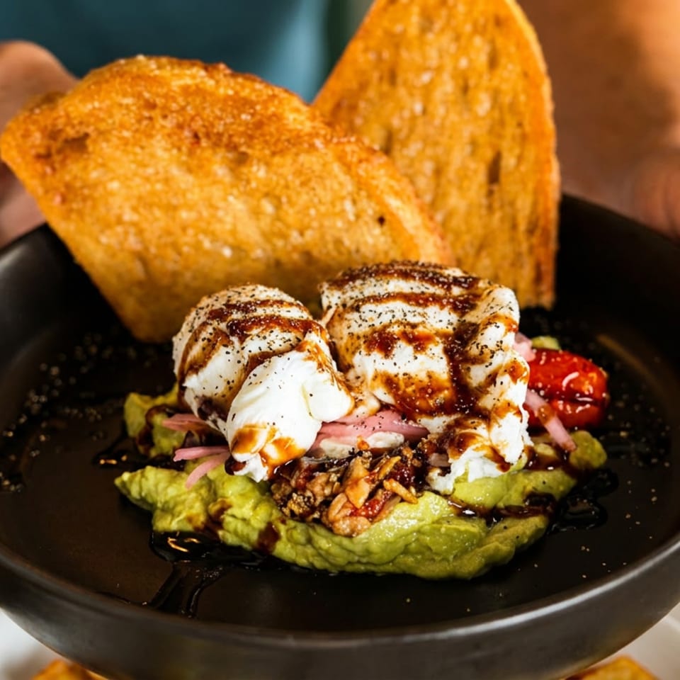 Hands present a black bowl of mashed avocado, poached eggs, tomatoes, balsamic glaze, and toasted bread.