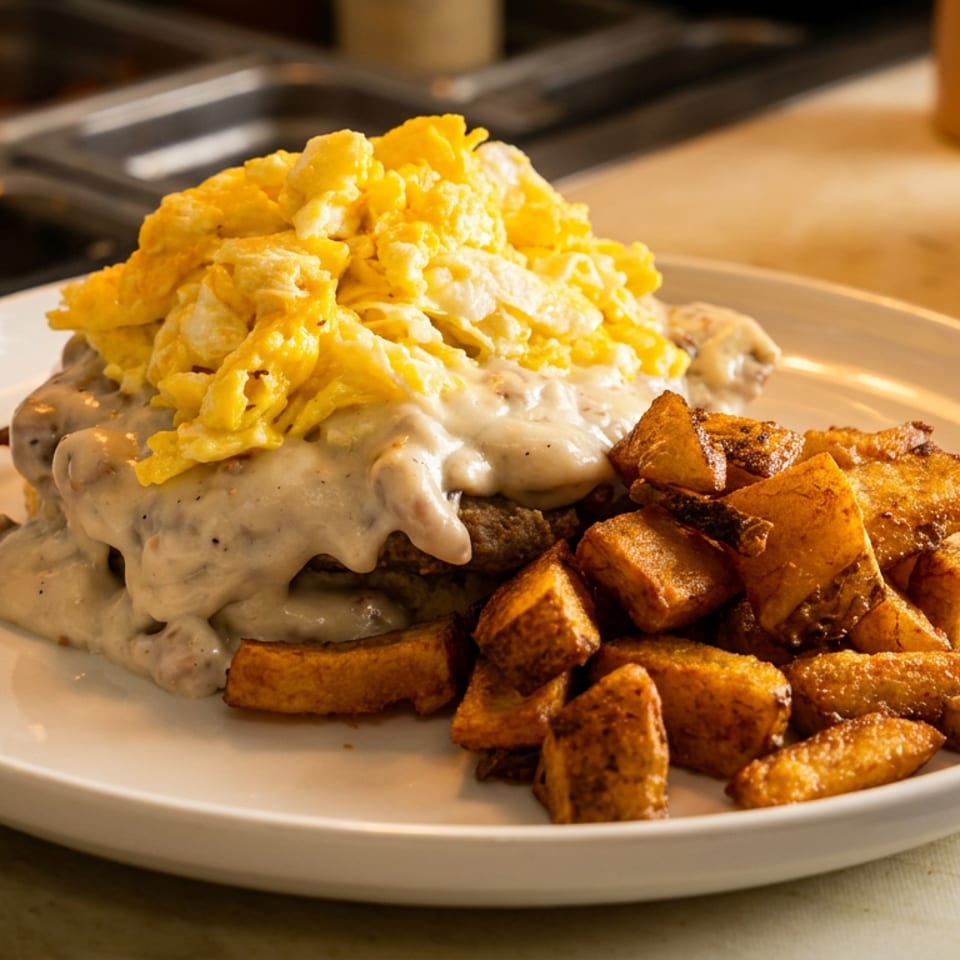 Hearty breakfast plate with biscuits and gravy, scrambled eggs, and crispy roasted potatoes.