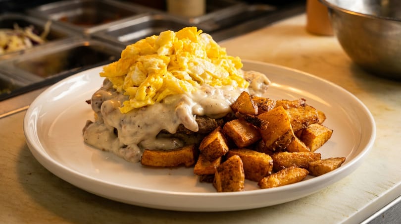 Hearty breakfast plate with biscuits and gravy, scrambled eggs, and crispy roasted potatoes.
