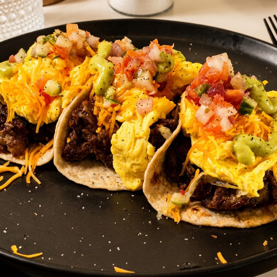 Three breakfast tacos filled with meat, scrambled eggs, cheese, pico de gallo, and avocado crema.
