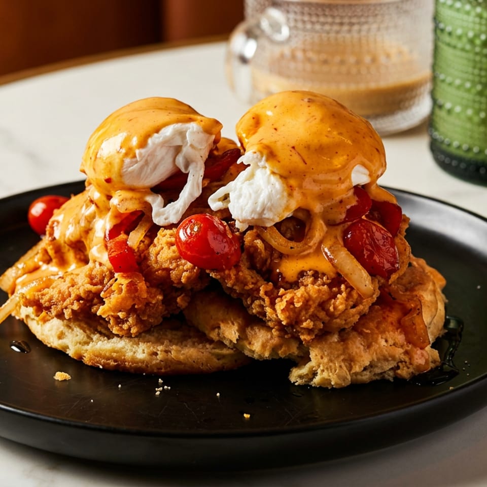 Fried chicken and biscuits topped with poached eggs, savory sauce, cherry tomatoes, and onions.