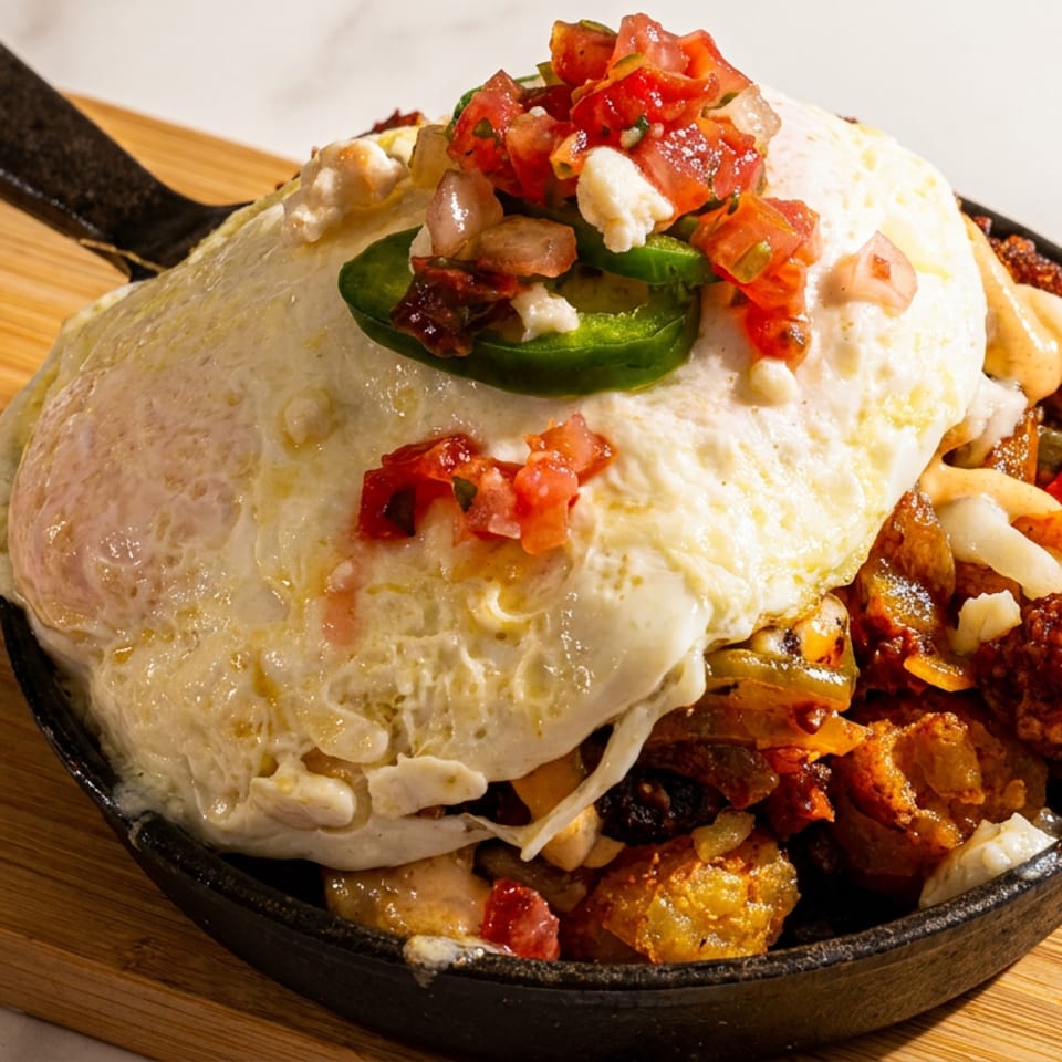 Breakfast skillet with fried eggs, salsa, jalapeños, and chorizo hash on a wooden board.
