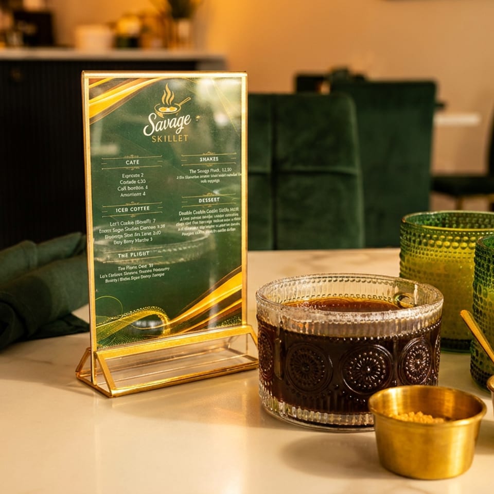 Savage Skillet menu, dark drink, green glasses, and brass condiment bowls on a restaurant table.